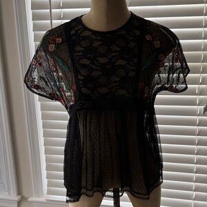 Zara Black Sheer Embroidered Flutter Sleeve Top